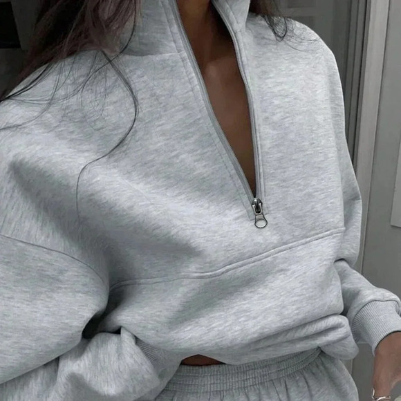 Grey Casual Women's Half Zipper Hoodie And Jogger Pants Two Piece Set - Picture 2 of 7